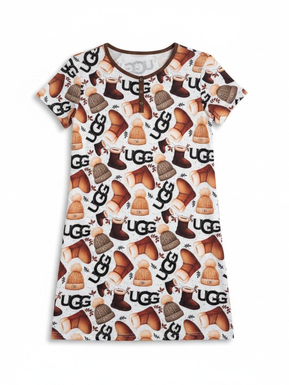 UGG Girls White Brown Boot Beanie Logo Henley Sleep Dress Nightgown